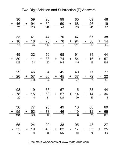 The Adding and Subtracting Two-Digit Numbers (F) Math Worksheet Page 2