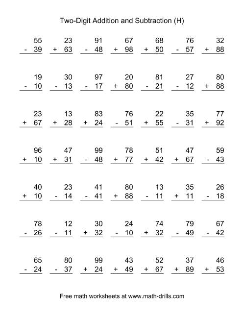 The Adding and Subtracting Two-Digit Numbers (H) Math Worksheet