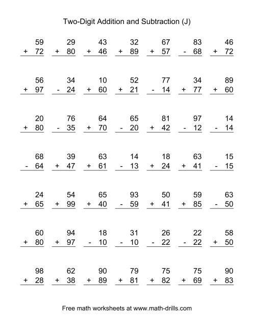 The Adding and Subtracting Two-Digit Numbers (J) Math Worksheet