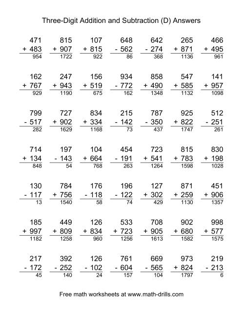 The Adding and Subtracting Three-Digit Numbers (D) Math Worksheet Page 2