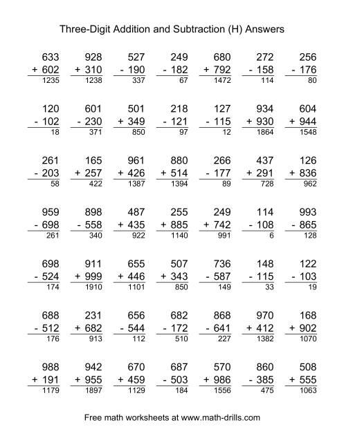 The Adding and Subtracting Three-Digit Numbers (H) Math Worksheet Page 2