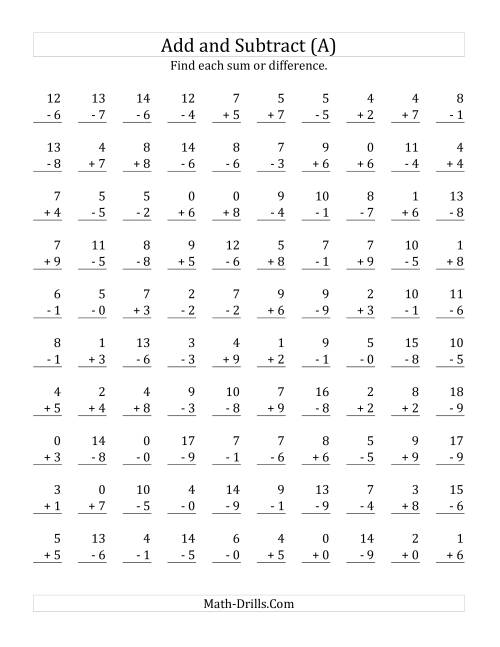 The Adding and Subtracting with Facts From 0 to 9 (A) Math Worksheet