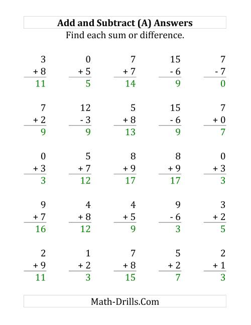 The Adding and Subtracting with Facts From 0 to 9 (A) Math Worksheet Page 2