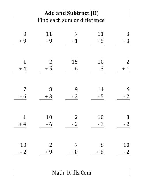 The Adding and Subtracting with Facts From 0 to 9 (D) Math Worksheet