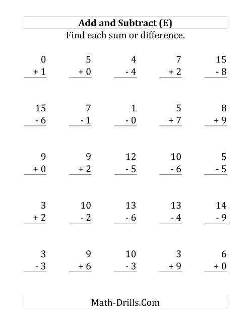 The Adding and Subtracting with Facts From 0 to 9 (E) Math Worksheet
