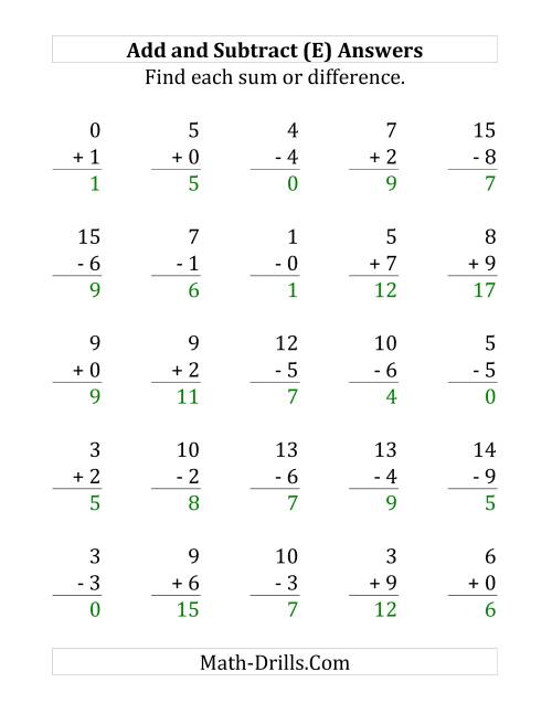 The Adding and Subtracting with Facts From 0 to 9 (E) Math Worksheet Page 2