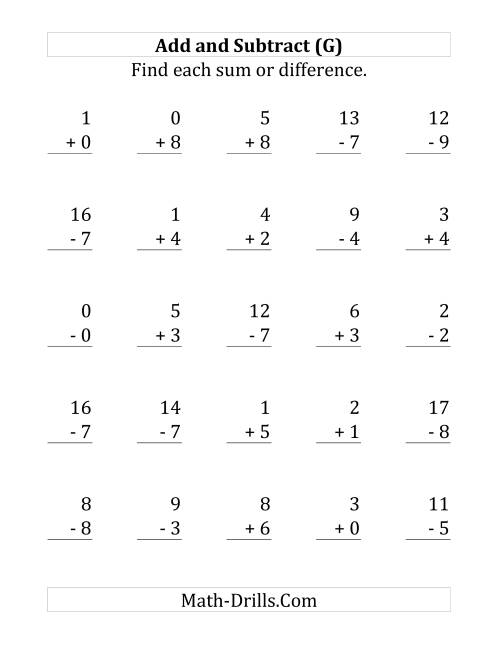 The Adding and Subtracting with Facts From 0 to 9 (G) Math Worksheet
