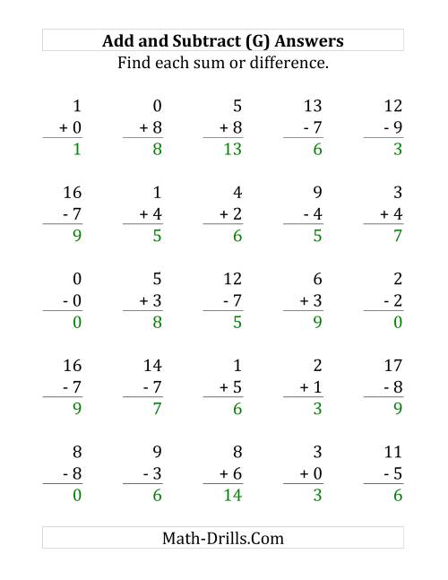 The Adding and Subtracting with Facts From 0 to 9 (G) Math Worksheet Page 2