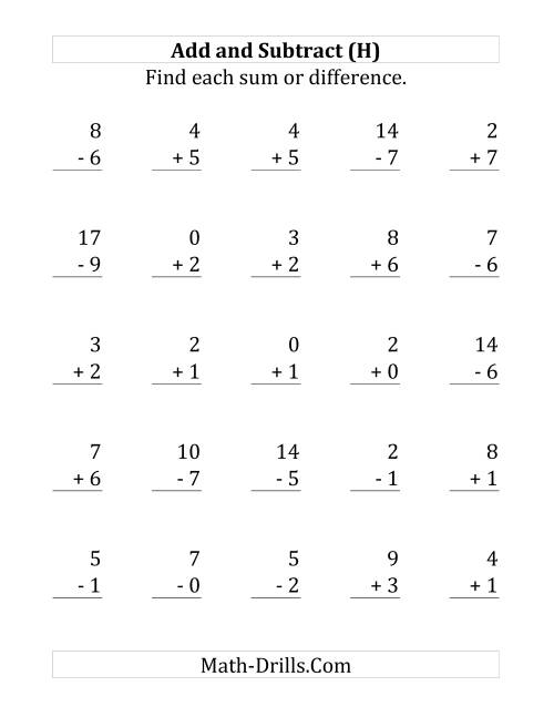The Adding and Subtracting with Facts From 0 to 9 (H) Math Worksheet
