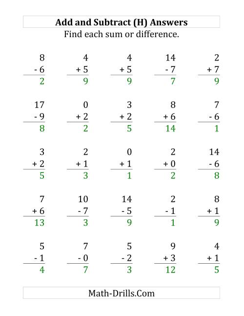 The Adding and Subtracting with Facts From 0 to 9 (H) Math Worksheet Page 2