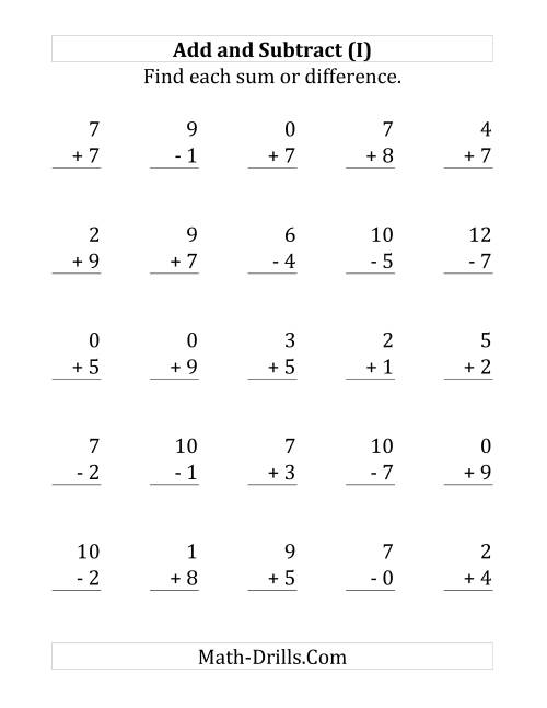 The Adding and Subtracting with Facts From 0 to 9 (I) Math Worksheet