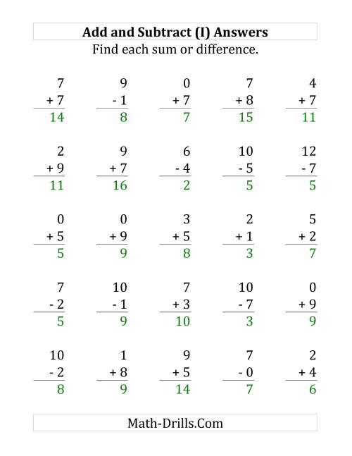 The Adding and Subtracting with Facts From 0 to 9 (I) Math Worksheet Page 2