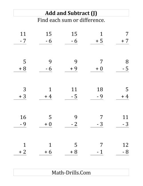The Adding and Subtracting with Facts From 0 to 9 (J) Math Worksheet