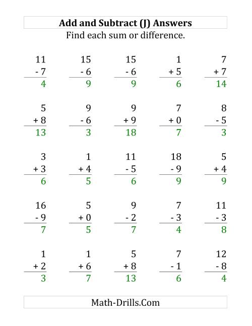 The Adding and Subtracting with Facts From 0 to 9 (J) Math Worksheet Page 2
