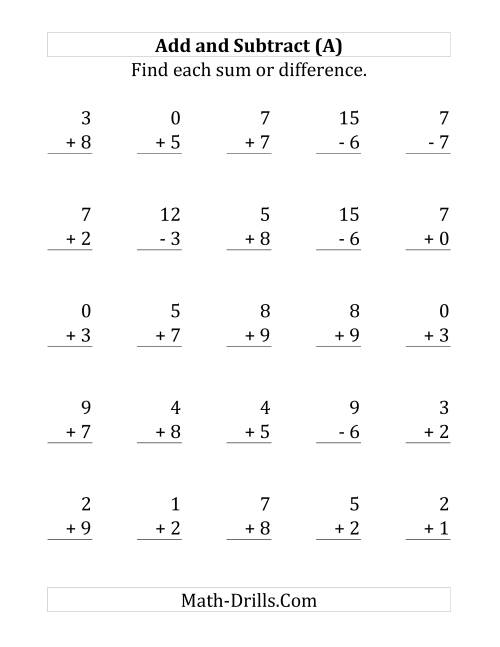 The Adding and Subtracting with Facts From 0 to 9 (Large Print) Math Worksheet