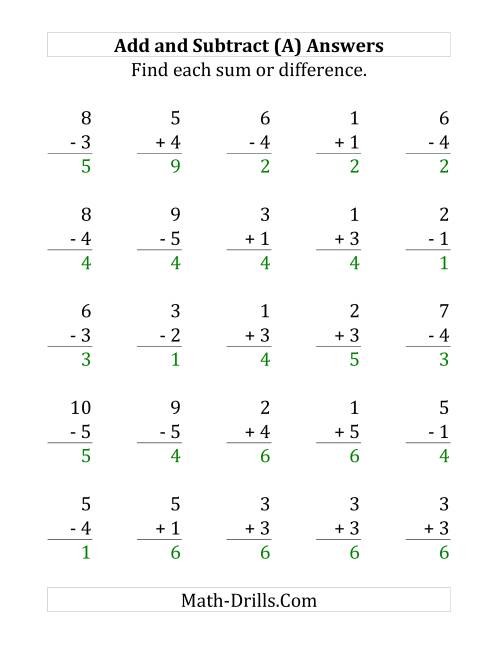 The Adding and Subtracting with Facts From 1 to 5 (A) Math Worksheet Page 2
