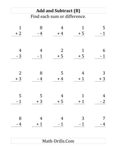 The Adding and Subtracting with Facts From 1 to 5 (B) Math Worksheet