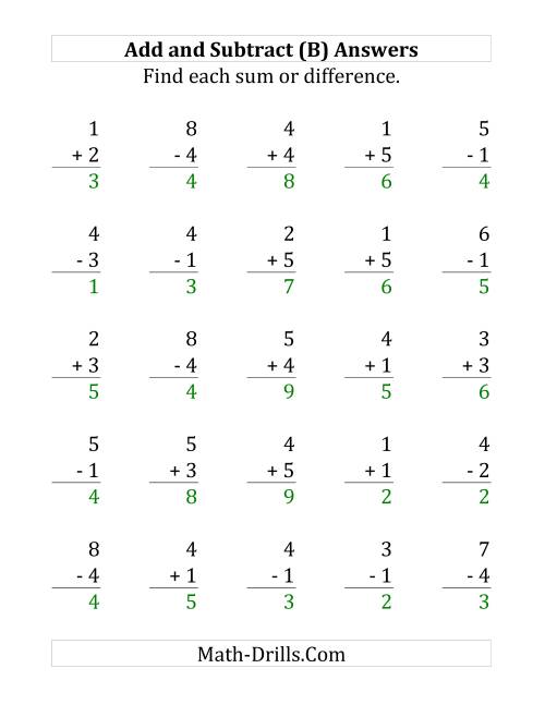 The Adding and Subtracting with Facts From 1 to 5 (B) Math Worksheet Page 2