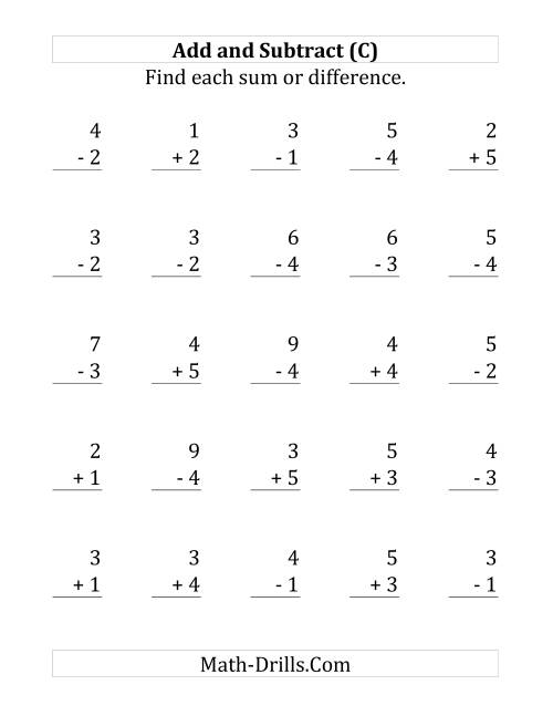 The Adding and Subtracting with Facts From 1 to 5 (C) Math Worksheet