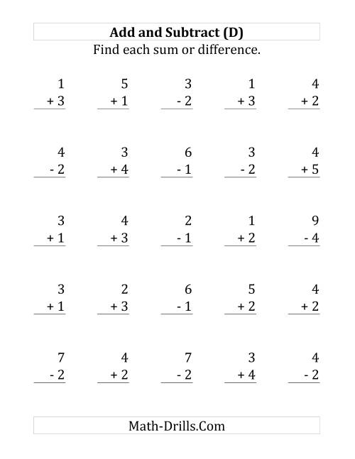 The Adding and Subtracting with Facts From 1 to 5 (D) Math Worksheet