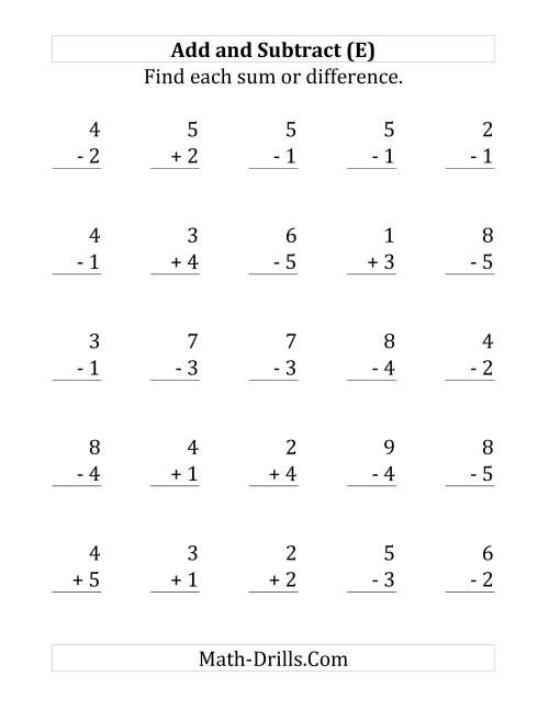 The Adding and Subtracting with Facts From 1 to 5 (E) Math Worksheet
