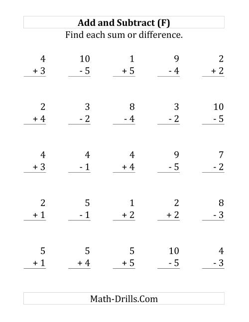 The Adding and Subtracting with Facts From 1 to 5 (F) Math Worksheet
