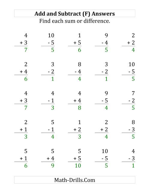 The Adding and Subtracting with Facts From 1 to 5 (F) Math Worksheet Page 2