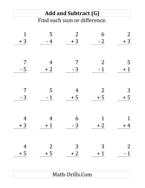 The Adding and Subtracting with Facts From 1 to 5 (G) Math Worksheet