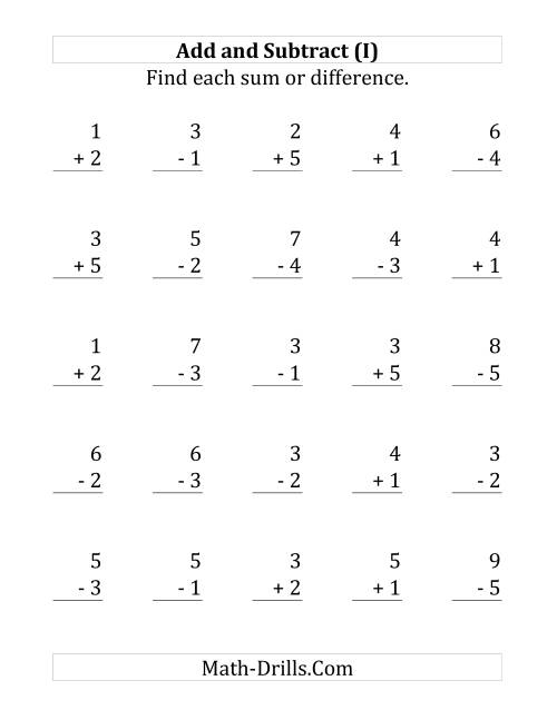 The Adding and Subtracting with Facts From 1 to 5 (I) Math Worksheet