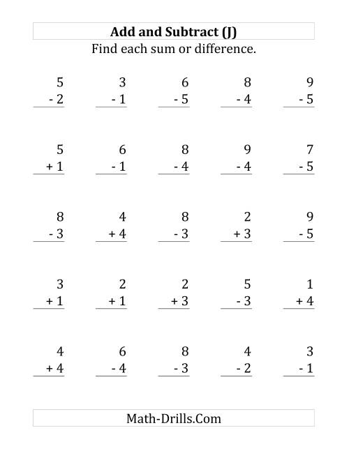The Adding and Subtracting with Facts From 1 to 5 (J) Math Worksheet