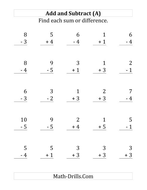 The Adding and Subtracting with Facts From 1 to 5 (Large Print) Math Worksheet