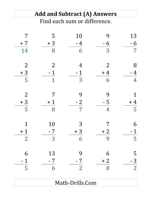 The Adding and Subtracting with Facts From 1 to 7 (A) Math Worksheet Page 2