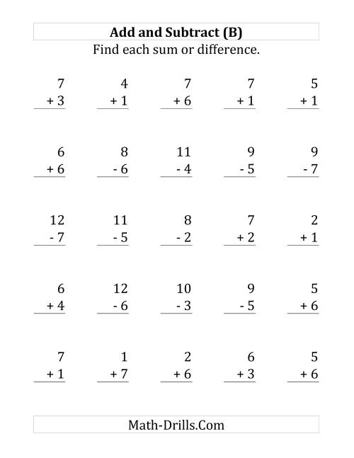 The Adding and Subtracting with Facts From 1 to 7 (B) Math Worksheet