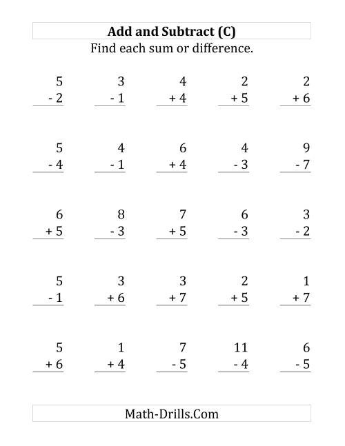 The Adding and Subtracting with Facts From 1 to 7 (C) Math Worksheet