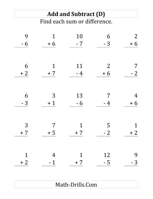 The Adding and Subtracting with Facts From 1 to 7 (D) Math Worksheet