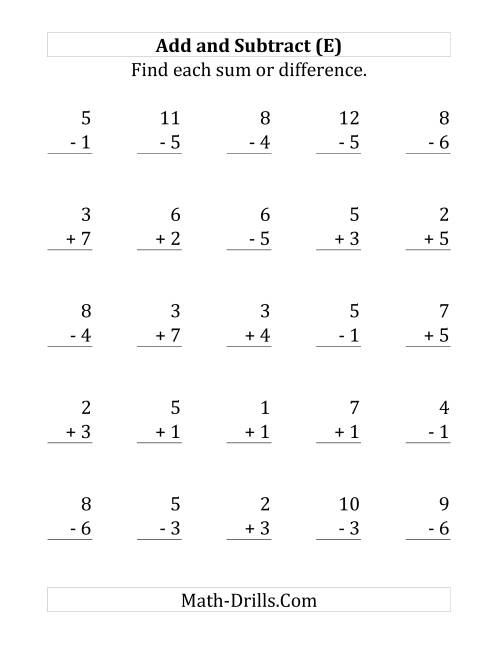 The Adding and Subtracting with Facts From 1 to 7 (E) Math Worksheet