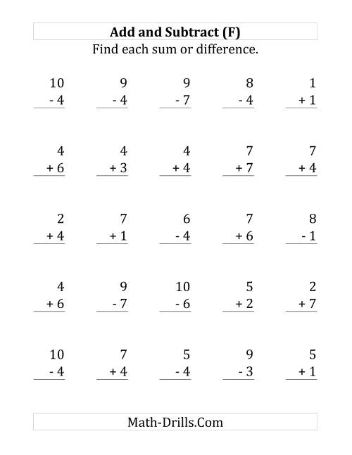 The Adding and Subtracting with Facts From 1 to 7 (F) Math Worksheet