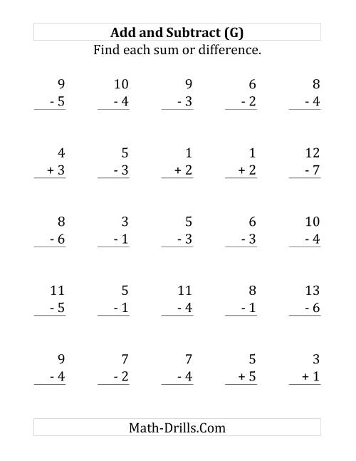 The Adding and Subtracting with Facts From 1 to 7 (G) Math Worksheet