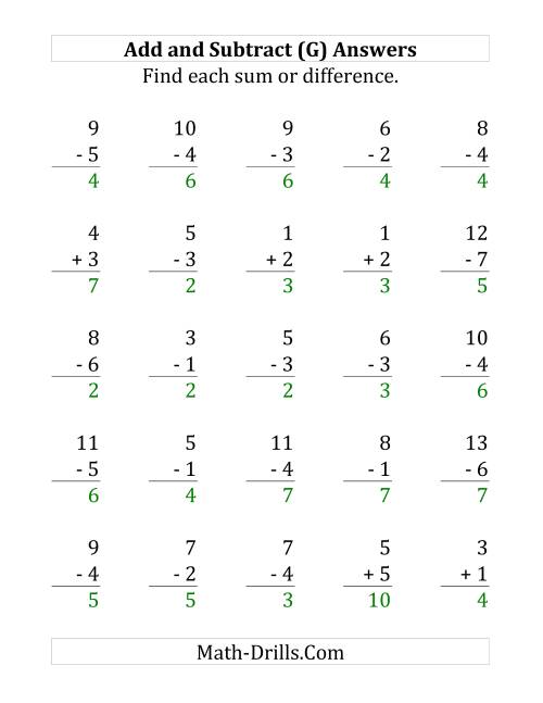 The Adding and Subtracting with Facts From 1 to 7 (G) Math Worksheet Page 2