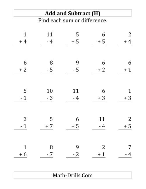 The Adding and Subtracting with Facts From 1 to 7 (H) Math Worksheet