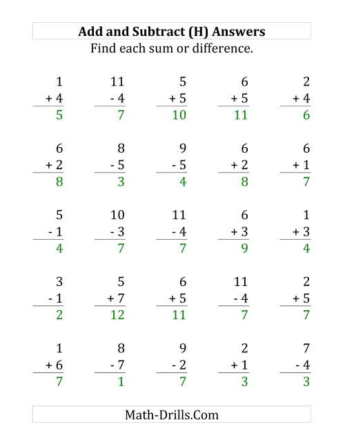 The Adding and Subtracting with Facts From 1 to 7 (H) Math Worksheet Page 2