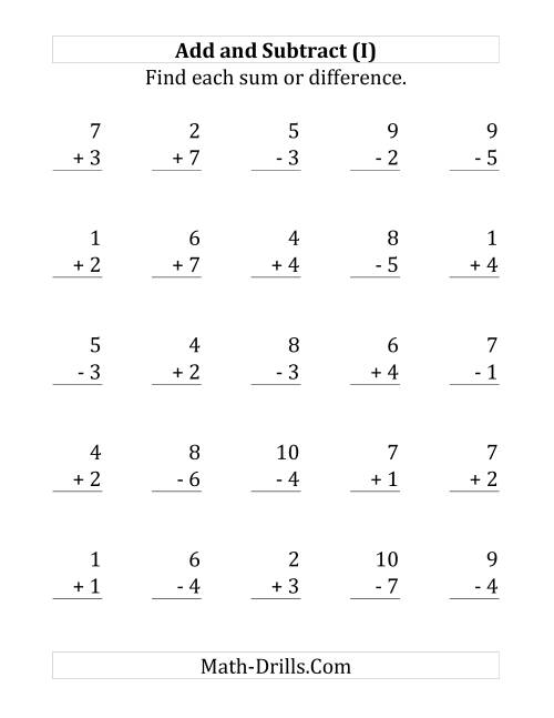 The Adding and Subtracting with Facts From 1 to 7 (I) Math Worksheet