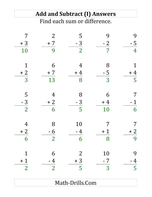 The Adding and Subtracting with Facts From 1 to 7 (I) Math Worksheet Page 2