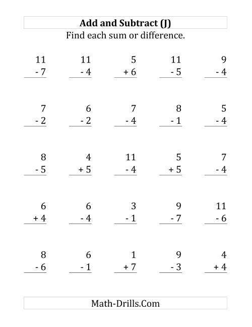 The Adding and Subtracting with Facts From 1 to 7 (J) Math Worksheet