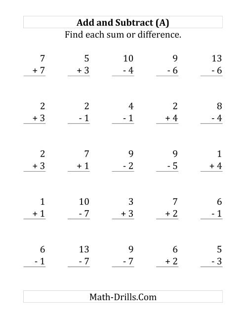 The Adding and Subtracting with Facts From 1 to 7 (Large Print) Math Worksheet