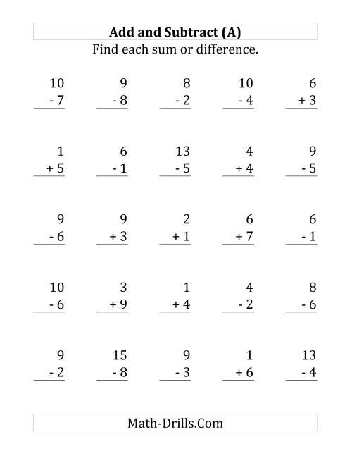 The Adding and Subtracting with Facts From 1 to 9 (A) Math Worksheet