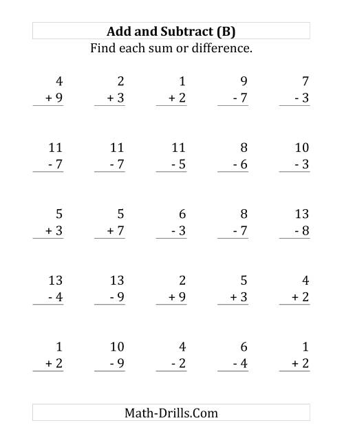 The Adding and Subtracting with Facts From 1 to 9 (B) Math Worksheet
