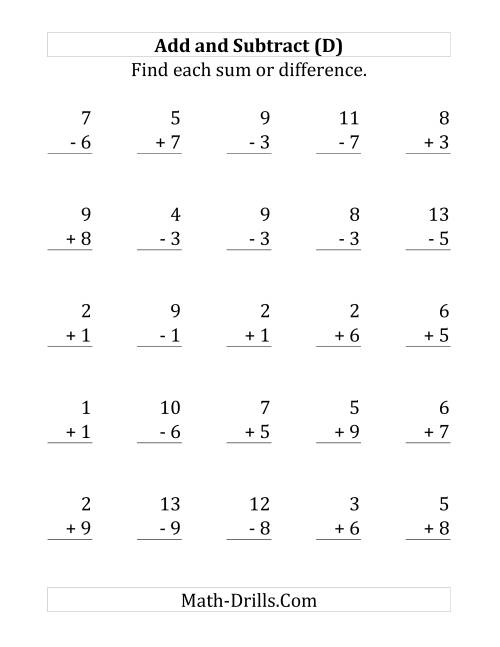 The Adding and Subtracting with Facts From 1 to 9 (D) Math Worksheet