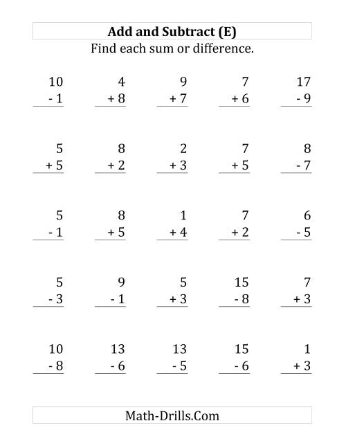 The Adding and Subtracting with Facts From 1 to 9 (E) Math Worksheet