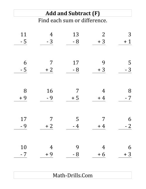 The Adding and Subtracting with Facts From 1 to 9 (F) Math Worksheet